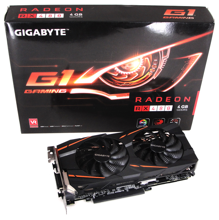 Die flotte Gigabyte Radeon RX 480 G1 Gaming 4G inkl. Verpackung abgelichtet.