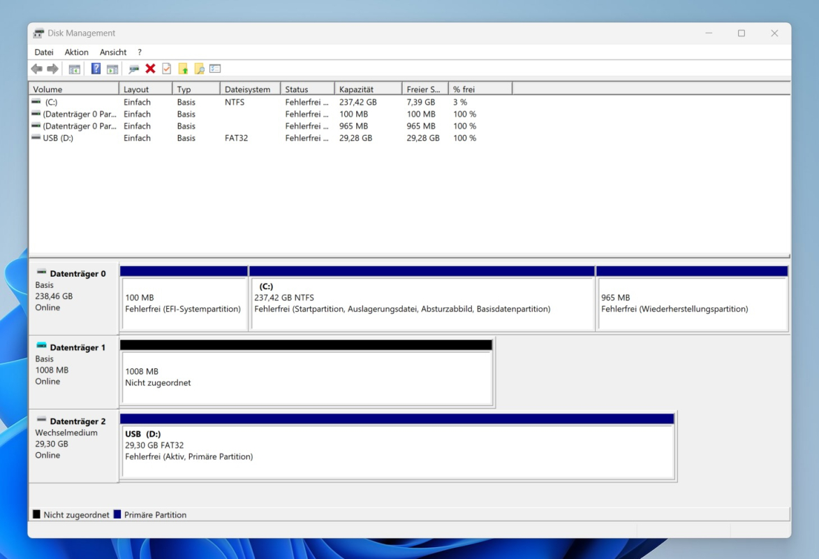 Überprüfung mittels Datenträgerverwaltung in Windows.